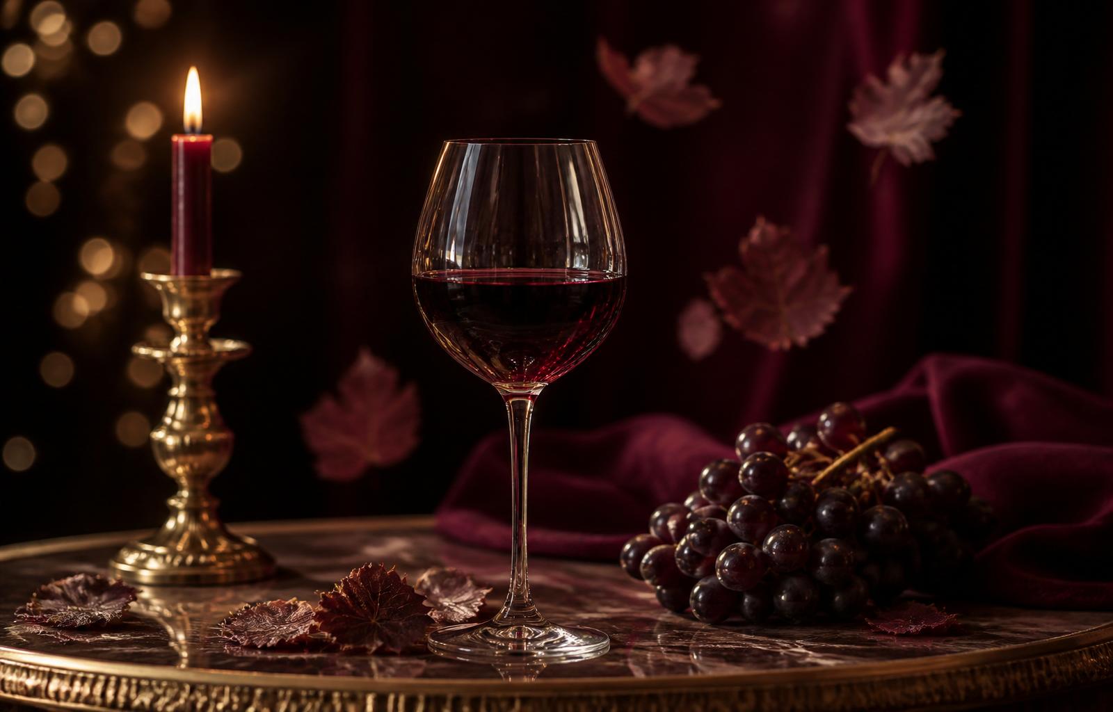 A crystal glass of bordeaux on a marble table, candlelight and grape leaves
